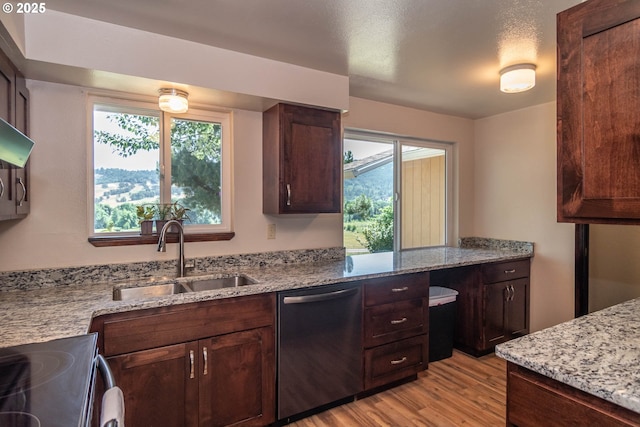 5310 Green Valley Rd, Oakland, OR 97462 - kitchen with dishwasher, a sink, light wood finished floors, and light stone counters