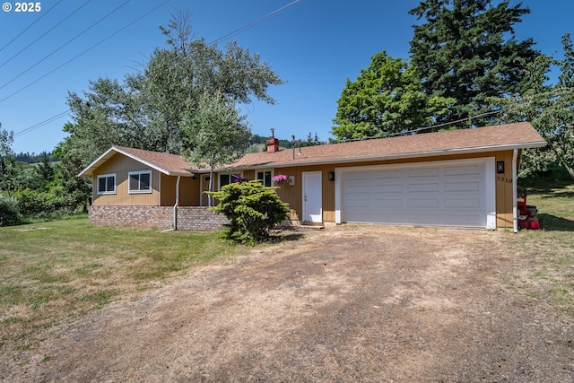 5310 Green Valley Rd, Oakland, OR 97462 - single story home featuring driveway, a chimney, an attached garage, a front lawn, and a shingled roof