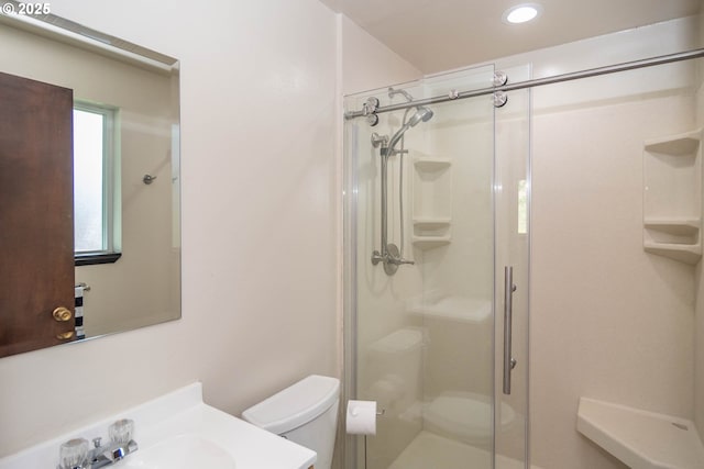 5310 Green Valley Rd, Oakland, OR 97462 - bathroom featuring toilet, a shower stall, vanity, and recessed lighting