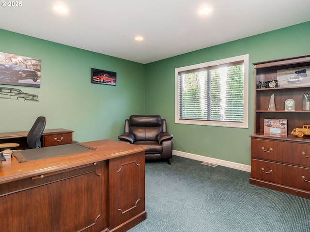 office featuring dark carpet, recessed lighting, baseboards, and visible vents
