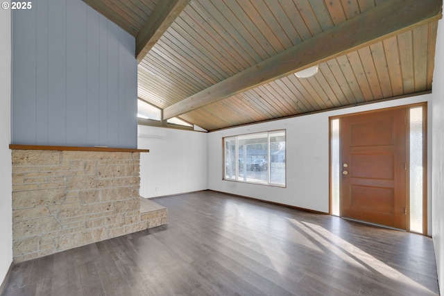 unfurnished living room featuring lofted ceiling with beams, dark hardwood / wood-style floors, and wooden ceiling