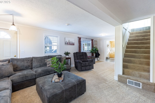 carpeted living area with visible vents, ornamental molding, a textured ceiling, baseboards, and stairs