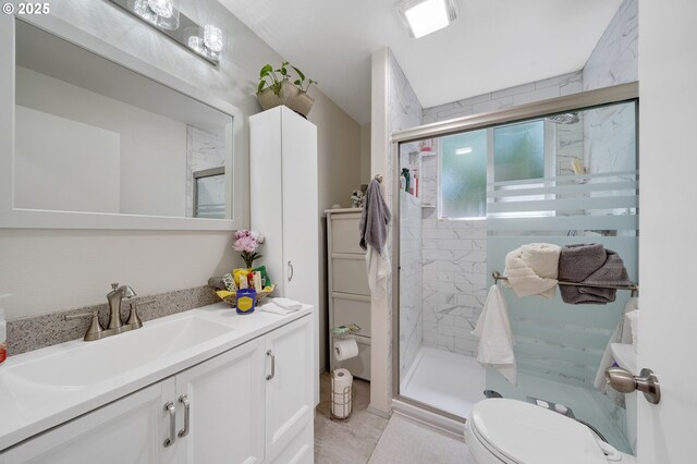 full bathroom featuring vanity, toilet, and a stall shower
