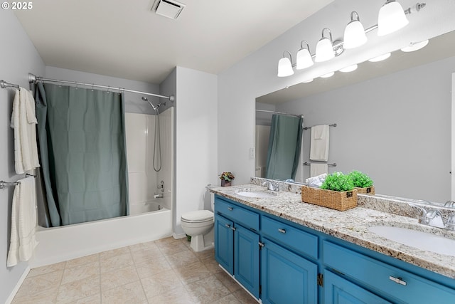 11769 SW 129th Pl, Tigard, OR 97223 - full bathroom featuring shower / bath combo, double vanity, toilet, and tile patterned floors