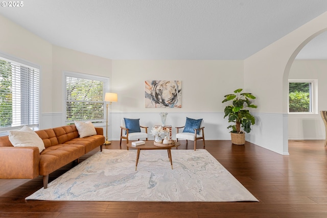 11769 SW 129th Pl, Tigard, OR 97223 - living room featuring arched walkways and hardwood / wood-style floors