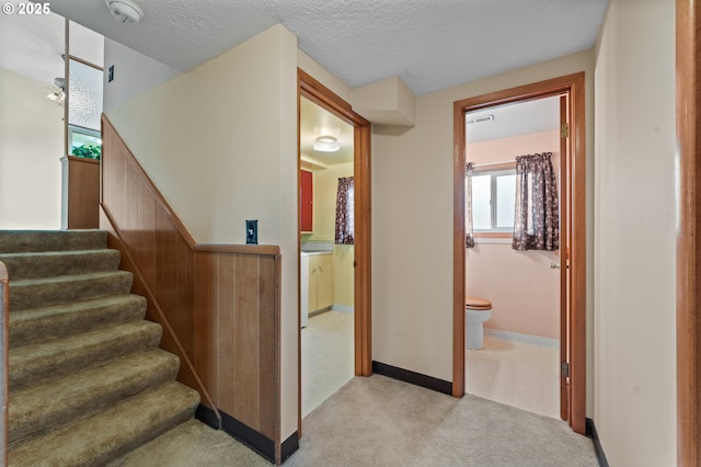 stairs featuring carpet, a textured ceiling, and baseboards
