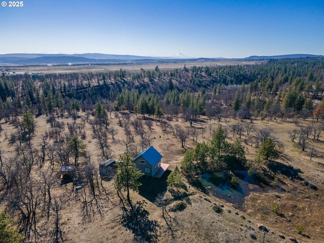 drone / aerial view featuring a forest view and a mountain view