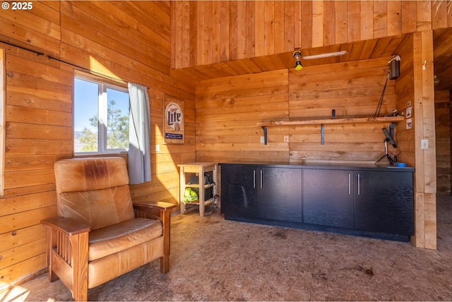 unfurnished room with carpet flooring and wooden walls