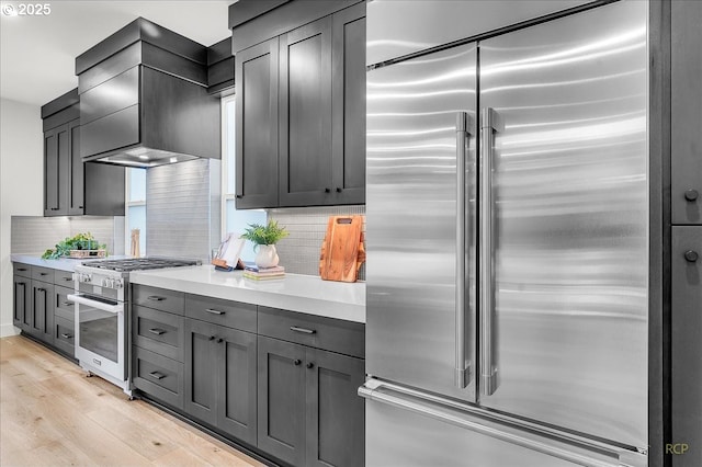 kitchen featuring premium appliances, decorative backsplash, premium range hood, and light hardwood / wood-style flooring