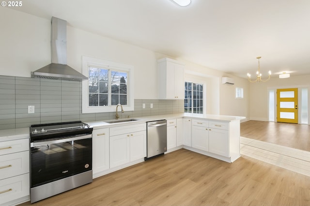 kitchen with sink, ventilation hood, kitchen peninsula, stainless steel appliances, and white cabinets