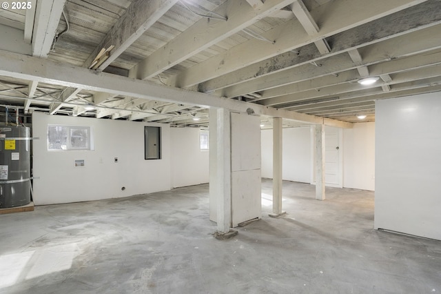 basement with electric panel and strapped water heater