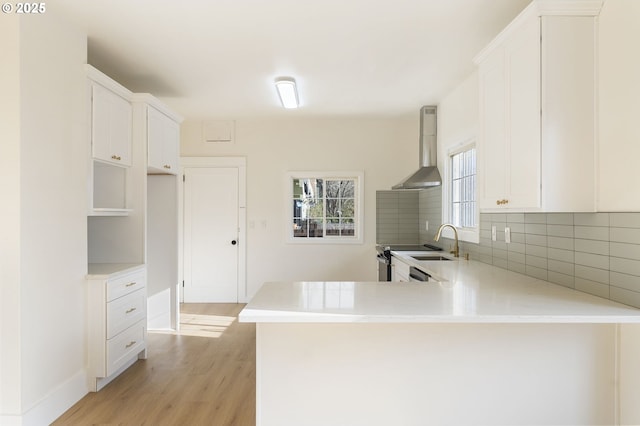 kitchen with white cabinetry, backsplash, kitchen peninsula, wall chimney exhaust hood, and light wood-type flooring