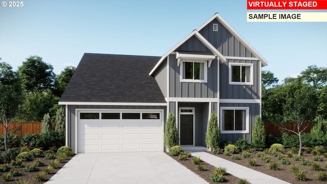 view of front of house featuring a garage, driveway, board and batten siding, and fence