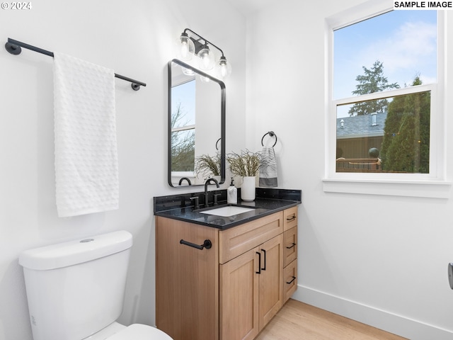 half bathroom featuring vanity, wood finished floors, a healthy amount of sunlight, and toilet