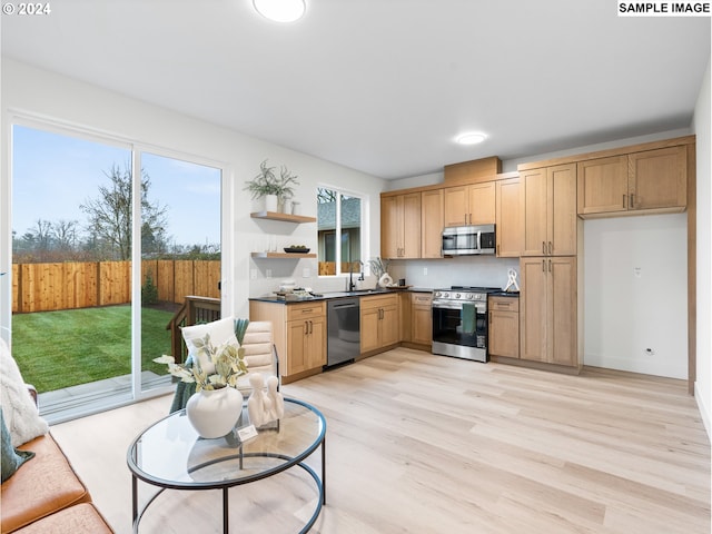 kitchen with dark countertops, open shelves, light wood-type flooring, a sink, and stainless steel appliances