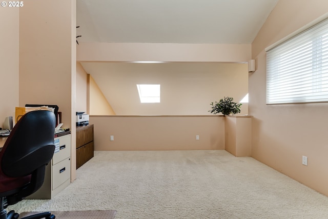 unfurnished office with a skylight, light carpet, and a healthy amount of sunlight
