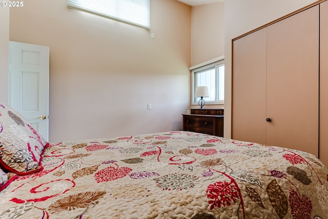 bedroom with a towering ceiling and a closet