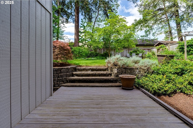 wooden terrace featuring fence