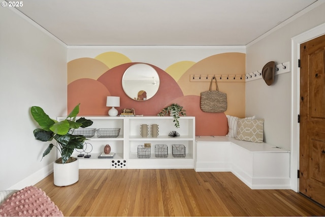 3737 NE 74th Ave, Portland, OR 97213 - mudroom featuring ornamental molding, wood finished floors, and baseboards