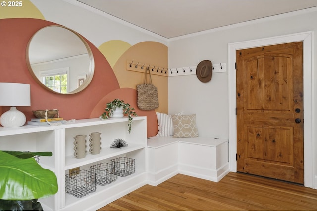 3737 NE 74th Ave, Portland, OR 97213 - mudroom featuring wood finished floors and crown molding