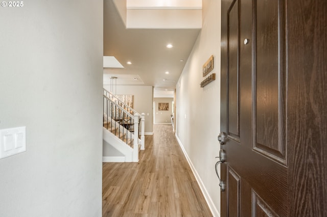 10380 SW Madrid Loop, Wilsonville, OR 97070 - foyer with light wood-style floors, stairs, and recessed lighting
