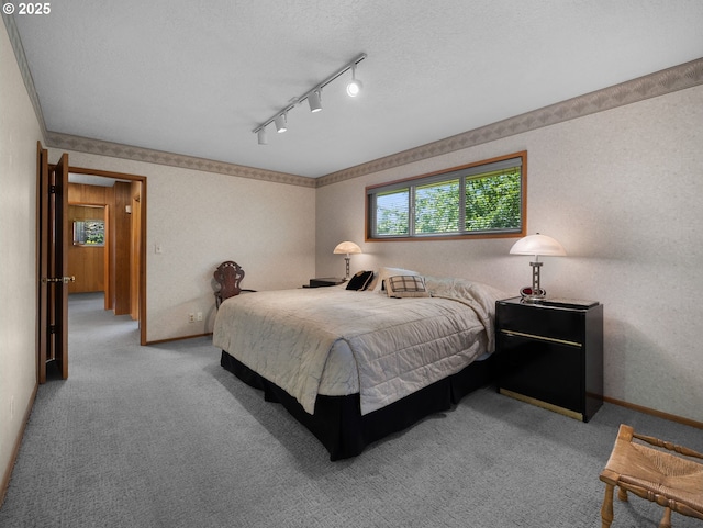 carpeted bedroom featuring a textured ceiling, baseboards, and rail lighting