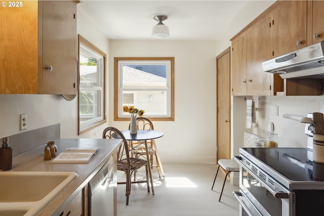 7625 N Fowler Ave, Portland, OR 97217 - kitchen with under cabinet range hood, double oven range, dishwasher, light countertops, and a sink