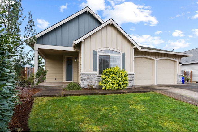 view of front facade featuring a garage, aphalt driveway, board and batten siding, and a front lawn