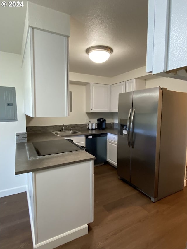 kitchen with dark wood-type flooring, sink, black appliances, electric panel, and white cabinets