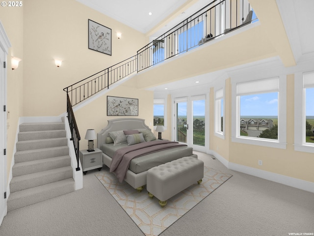 88902 Pinehurst Rd, Gearhart, OR 97138 - carpeted bedroom featuring a high ceiling, baseboards, access to outside, and recessed lighting