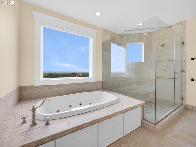 88902 Pinehurst Rd, Gearhart, OR 97138 - bathroom featuring a shower stall, a tub with jets, and recessed lighting