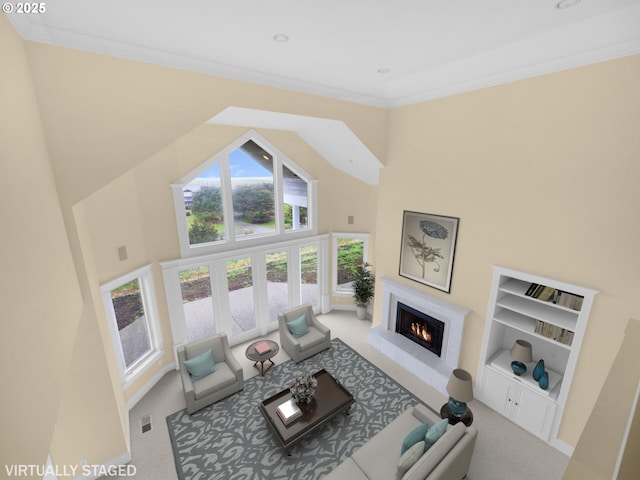 88902 Pinehurst Rd, Gearhart, OR 97138 - carpeted living room featuring a towering ceiling, a lit fireplace, ornamental molding, built in shelves, and recessed lighting