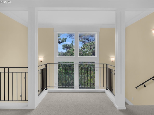 88902 Pinehurst Rd, Gearhart, OR 97138 - hallway with carpet flooring, an upstairs landing, and crown molding