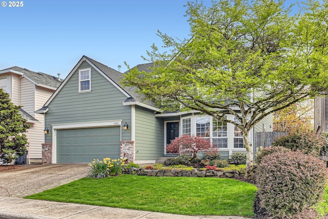 view of front of house featuring concrete driveway, a garage, and a front lawn