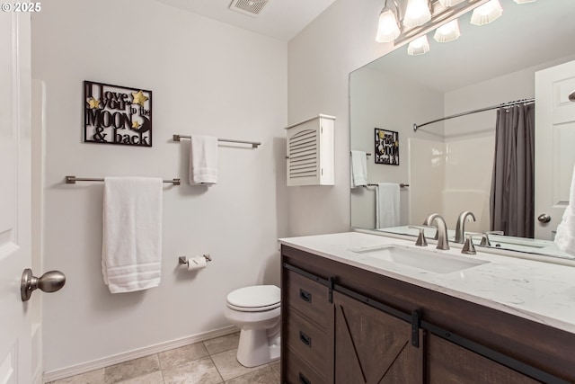 bathroom featuring a shower with shower curtain, vanity, baseboards, toilet, and visible vents