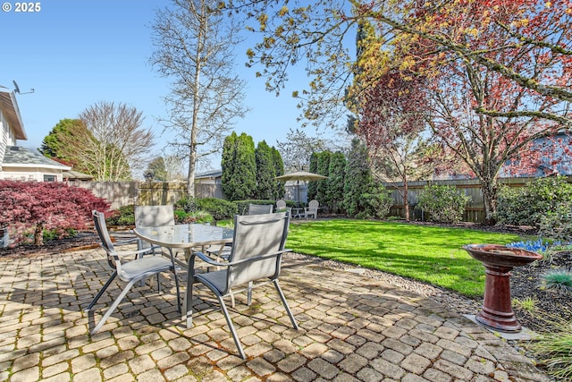 view of patio / terrace featuring a fenced backyard and outdoor dining area