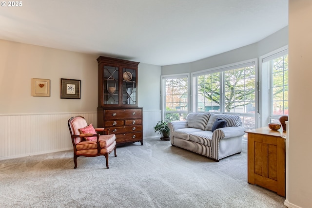 living area with carpet flooring, wainscoting, and a wealth of natural light