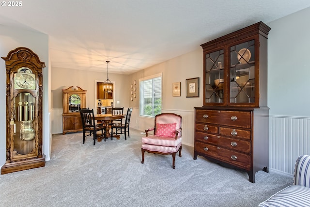 living area featuring carpet floors and a wainscoted wall
