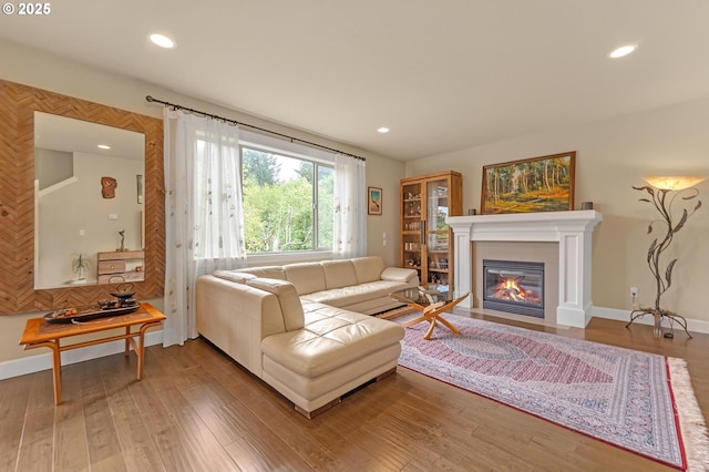 8070 SW 195th Ave, Beaverton, OR 97007 - living area featuring a glass covered fireplace, wood finished floors, recessed lighting, and baseboards