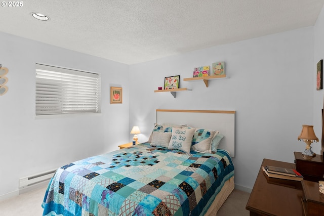 carpeted bedroom featuring baseboard heating, recessed lighting, baseboards, and a textured ceiling