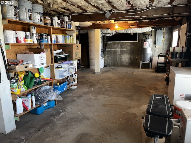 unfinished basement featuring water heater and electric panel
