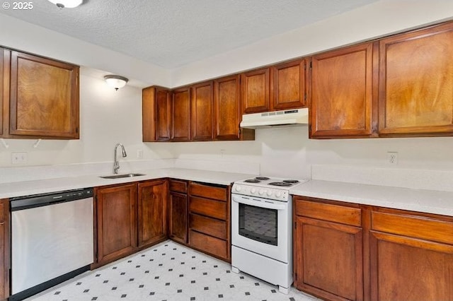 12062 SW Conestoga Dr, Beaverton, OR 97008 - kitchen featuring dishwasher, under cabinet range hood, electric stove, a sink, and light countertops