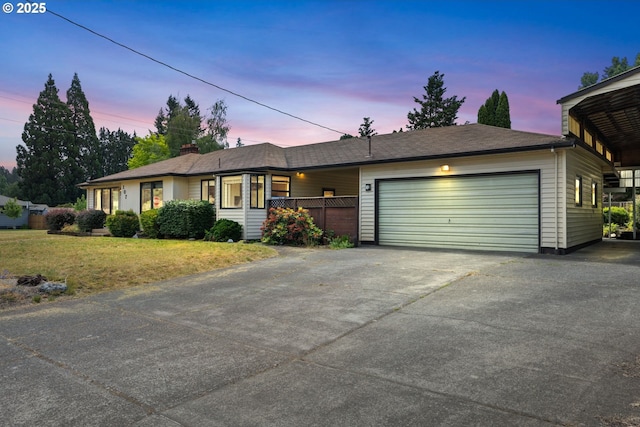 107 NW 10th Ave, Canby, OR 97013 - ranch-style house with an attached garage, driveway, a front yard, and a chimney