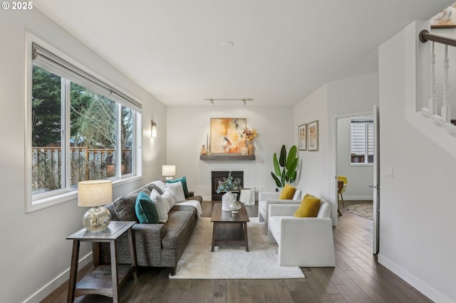 living room with rail lighting and dark hardwood / wood-style floors