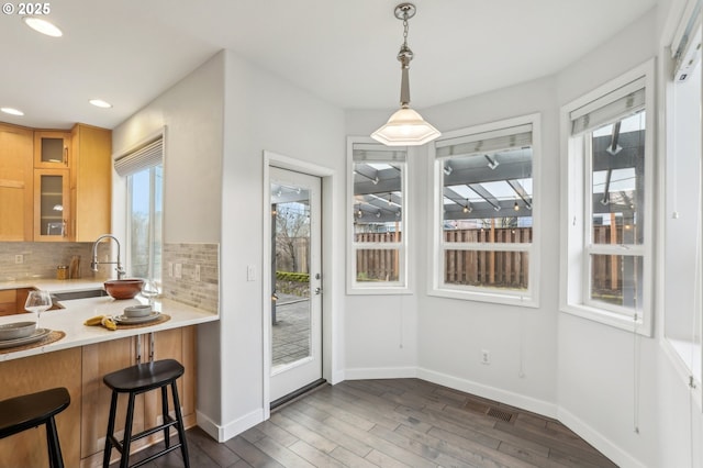 dining space featuring sink, dark hardwood / wood-style flooring, and a healthy amount of sunlight