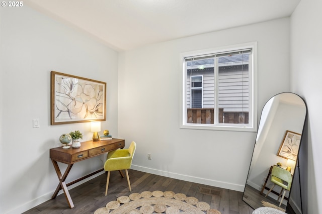 home office featuring dark wood-type flooring