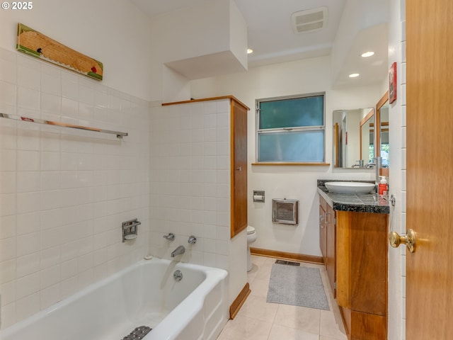 6310 NE 31st Ave Unit A, And B, Portland, OR 97211 - bathroom featuring toilet, vanity, tile patterned flooring, recessed lighting, and shower / washtub combination