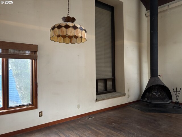 interior space featuring a wood stove and dark hardwood / wood-style flooring