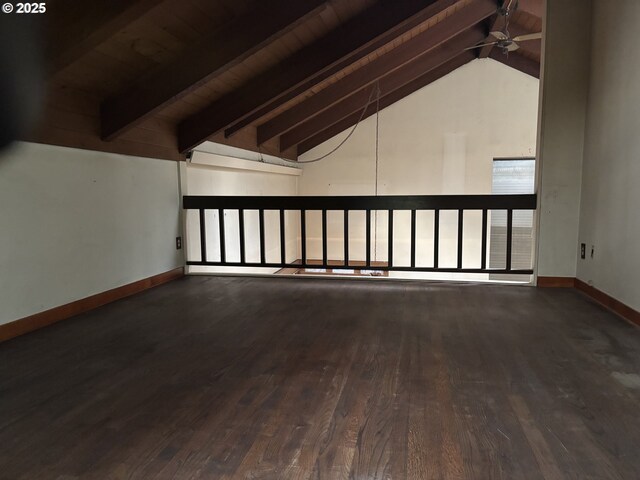 unfurnished room featuring dark wood-type flooring, ceiling fan, and lofted ceiling with beams