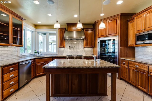 83500 Enterprise Rd, Creswell, OR 97426 - kitchen with appliances with stainless steel finishes, wall chimney exhaust hood, light tile patterned floors, tasteful backsplash, and recessed lighting